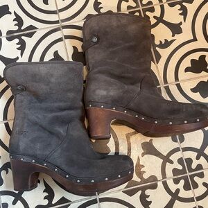 LYNNEA UGG Grey Suede Shearling Wooden Platform Boot